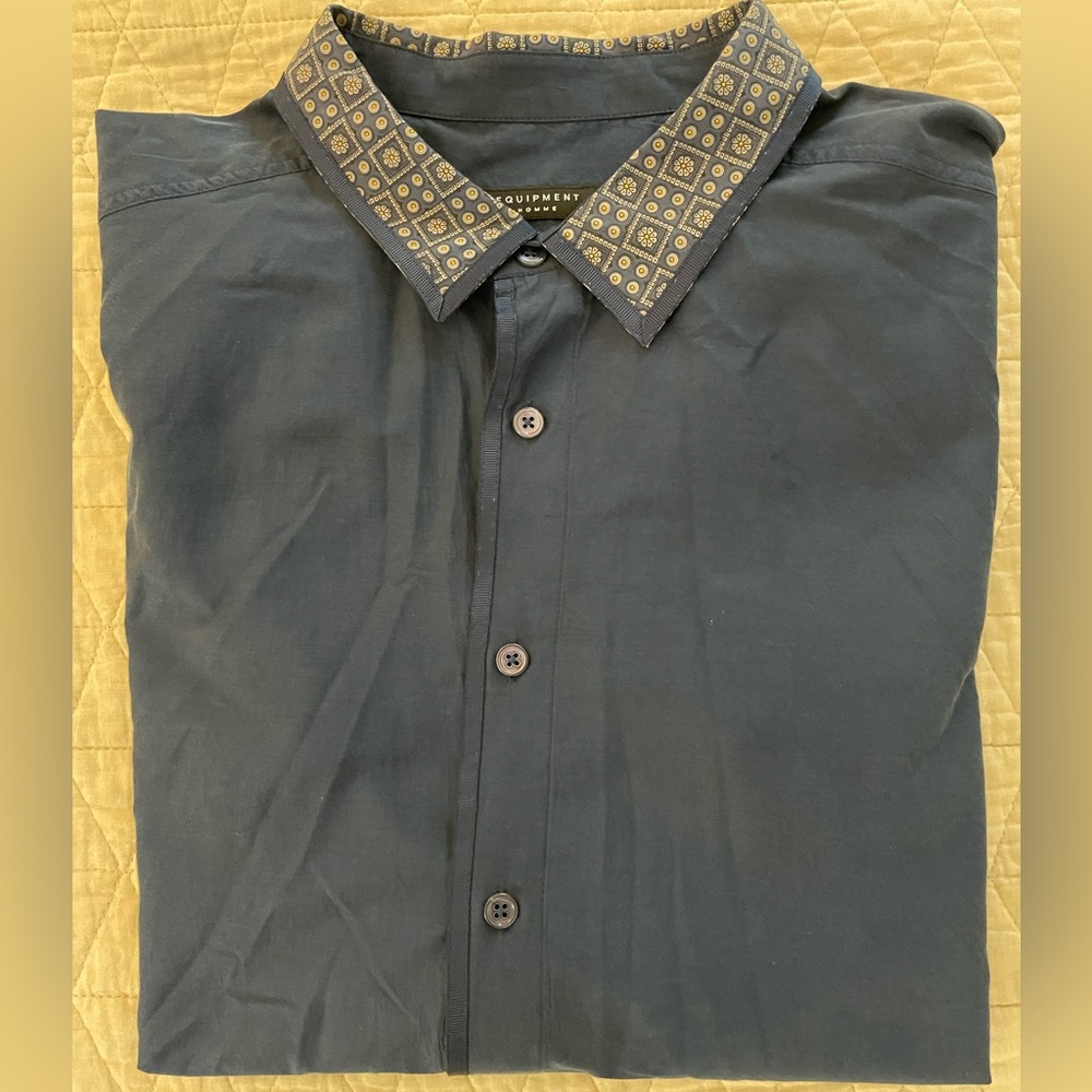 EQUIPMENT HOMME Contrast Collar Grosgrain Trim‎ Poplin Shirt in Blue Size M